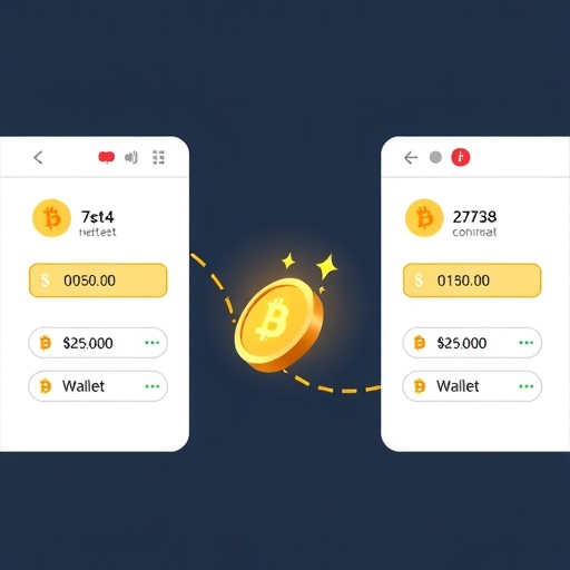 illustration depicting a user transferring cryptocurrency between two exchanges showing matching coin types network types and wallet addresses in a clear and organized manner with glowing confirmation icons