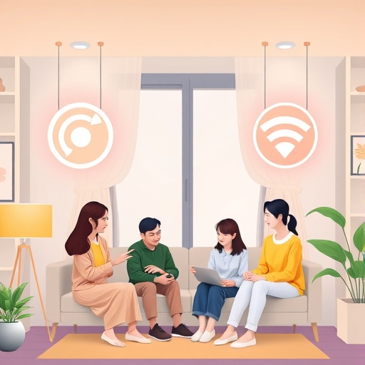 illustration featuring diverse people in a modern taiwanese home choosing between two glowing internet provider symbols one representing stability and the other affordability with soft ambient lighting and a clean color palette