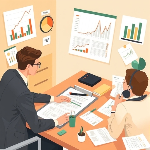 illustration of a busy financial advisor calmly explaining complex investment options to investors at a desk with various financial charts and documents scattered around depicted in a warm color palette