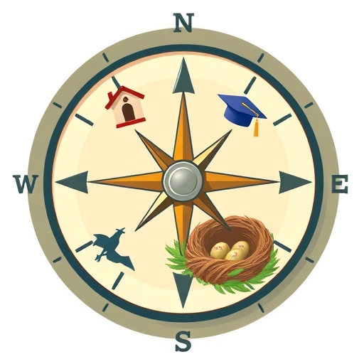 illustration of a compass with multiple arrows pointing towards different financial goals like a house a graduation cap and a retirement nest filled with peaceful serenity and a calm color palette