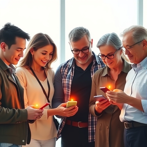 illustration of a diverse group of investors young and old interacting with glowing mobile app interfaces showing stock charts and financial data bathed in warm optimistic light against a clean modern backdrop