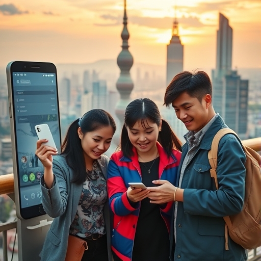 台灣投資人自信使用元大證券行動交易APP的多元群體插圖,背景為充滿活力的城市與金色夕陽