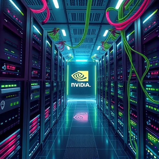 未來數據中心插圖,充滿發光伺服器與複雜網路線纜,背景隱含NVIDIA標誌,使用活力色彩調色盤