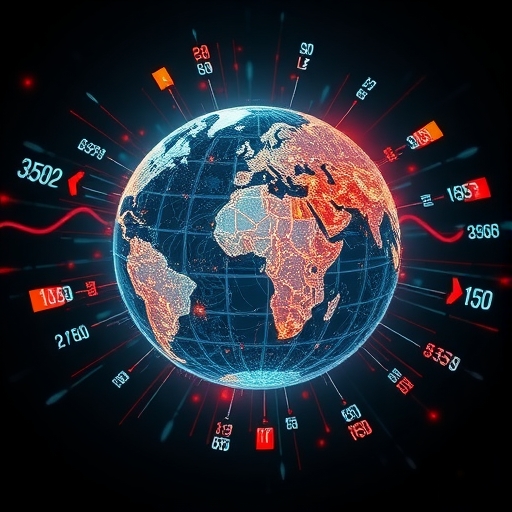 illustration of a luminous globe with financial data streams flowing around it representing global investment markets