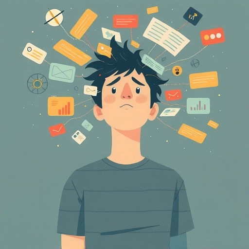illustration of a person feeling overwhelmed by fragmented information streams and constant notifications with a muted color palette
