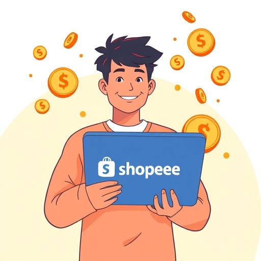 illustration of a person holding a laptop with shopee logo and earning coins raining down stylized in a bright and cheerful manner
