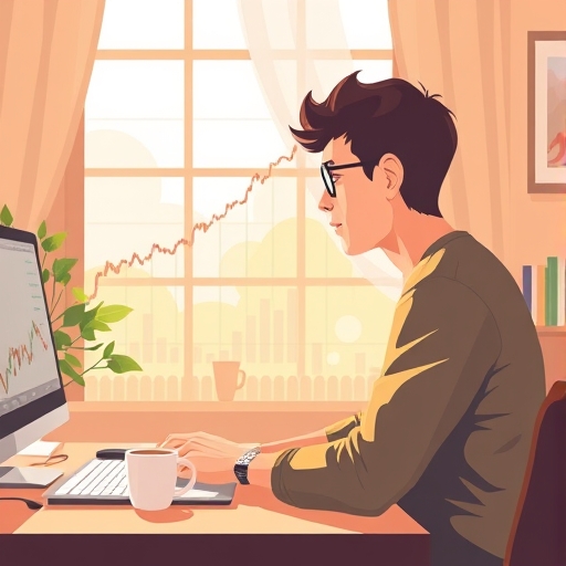illustration of a person thoughtfully observing stock charts with upward trend lines in a warm, inviting home office setting with soft morning light and a coffee mug on the desk
