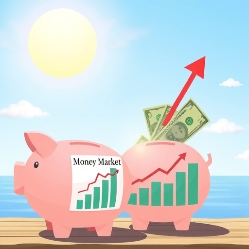 illustration of a secure money market fund labeled with a growing chart resting beside a piggy bank with cash flowing in on a bright sunny day with calm blue sky