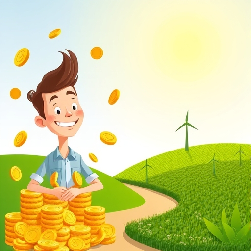 illustration of a split path one showing a person happily collecting gold coins with a satisfied smile the other showing a person continuing to plant seeds in a lush green field under a bright sun