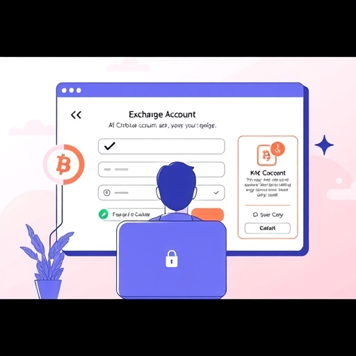 illustration of a user securely setting up a crypto exchange account with clear visual cues for KYC and 2FA verification against a soft pastel background