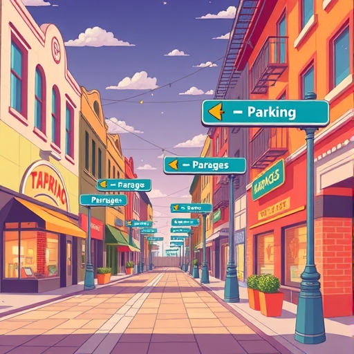 illustration of a vibrant shopping district with clear signage pointing to parking garages cartoon style warm lighting friendly atmosphere