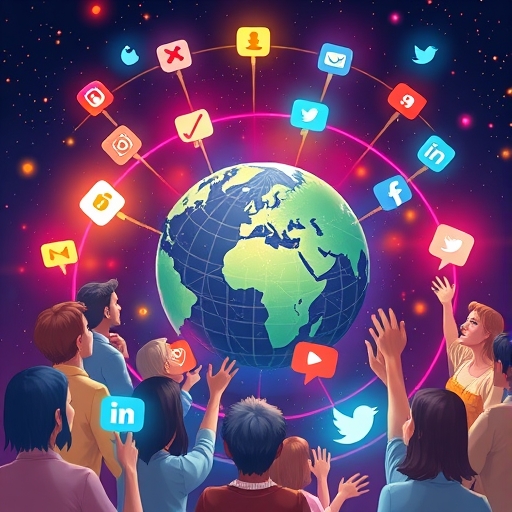 illustration of diverse people connecting globally through glowing social media icons with vibrant colors and a sense of wonder