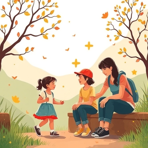 illustration of parents and children engaging in outdoor activities together fostering real world connections outdoors with warm inviting colors