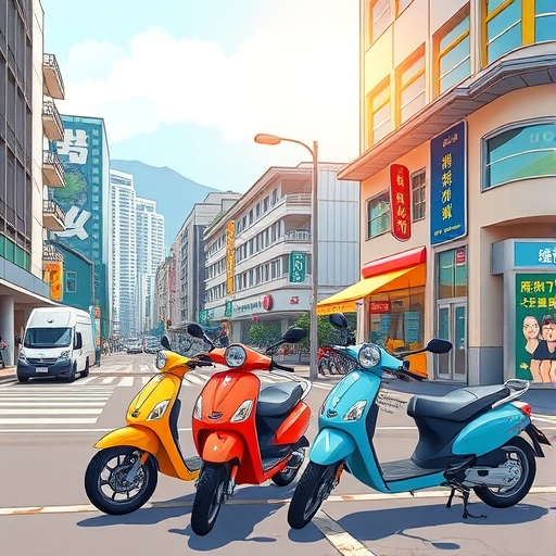 illustration of sunny kaohsiung cityscape with colorful shared scooters neatly parked near a busy street corner bright daylight cheerful atmosphere
