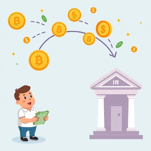 illustration showcasing a user converting cryptocurrency to fiat currency through a domestic exchange platform leading to a bank account symbolizing a complete financial loop with friendly characters and vibrant colors