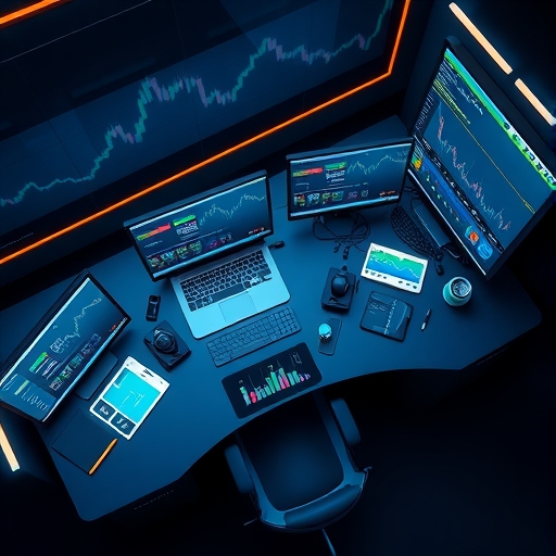 overhead illustration view of a digital trading desk setup with multiple glowing screens displaying real-time market data and trading apps symbolizing speed and efficiency in a futuristic subtly lit environment