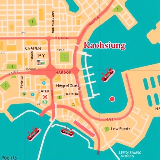 overhead view illustration of a stylized map of kaohsiung highlighting key areas like the harbor and tourist spots with floating shared scooter icons representing service availability