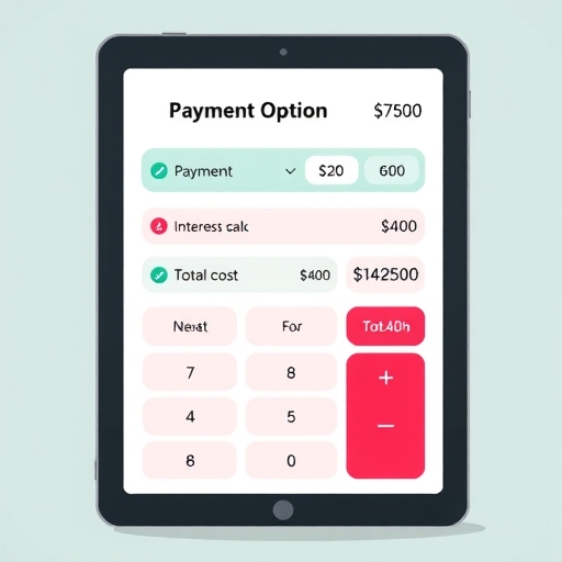平板上清晰直覺的數位計算器介面，顯示分期付款選項與利息總成本明細的風格化插圖，使用明亮色調