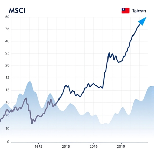 stylized illustration of a stock market graph with subtle MSCI index cues and abstract representations of international capital flowing into Taiwan
