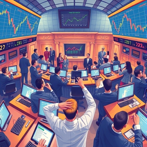 vibrant illustration depicting a busy stock exchange floor with diverse investors observing rising and falling stock charts influenced by MSCI adjustments