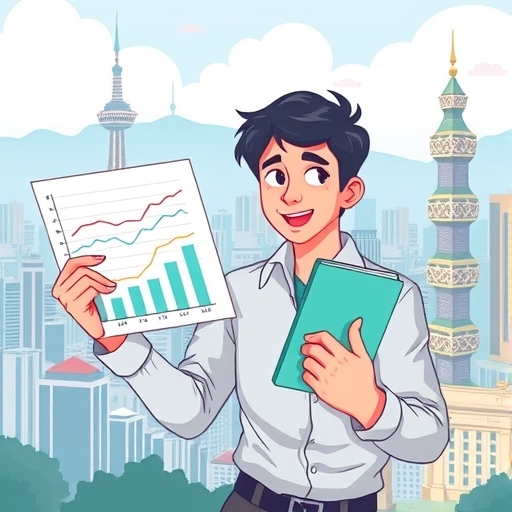 vibrant illustration of a person confidently comparing different bank interest rate charts with a backdrop of Taipei's cityscape stylized in soft pastel colors