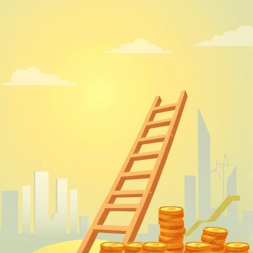 whimsical illustration depicting a ladder made of coins ascending towards a sunlit goal representing a financial growth strategy with warm and encouraging tones
