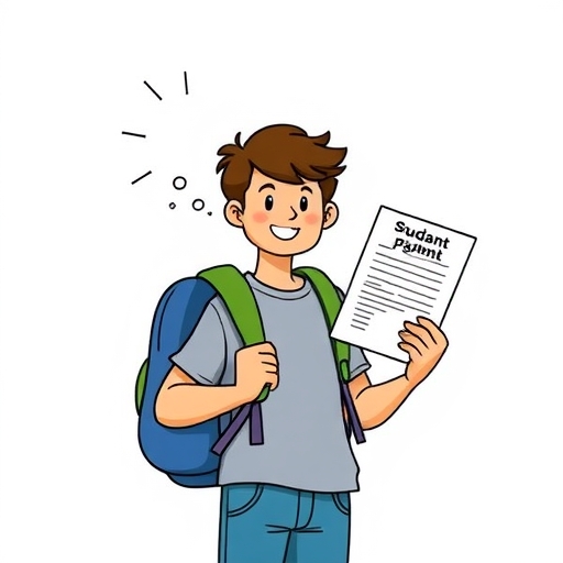 堅定學生背著書包出示學生證與文件，申請彈性分期付款方案的奇幻插圖