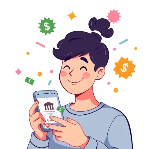 一位開心的人注視智慧型手機畫面，顯示銀行 App 通知，周圍飄浮彩色抽象形狀代表省錢與便利