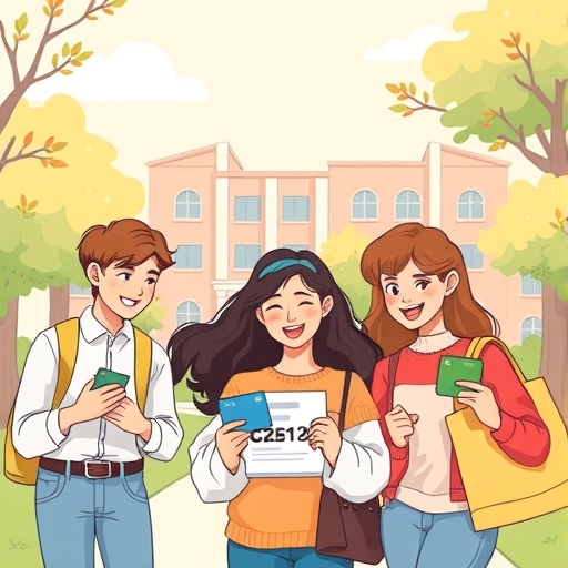 多元大學生在明亮校園快樂使用信用卡網購與繳費的友好插圖場景