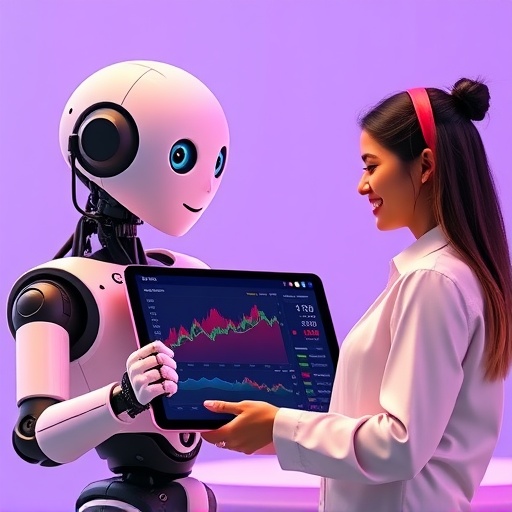 A friendly robot assistant engaging with a human trader on a tablet displaying the uSMART AI trading interface showcasing smart order execution and data analysis in a vibrant optimistic color palette