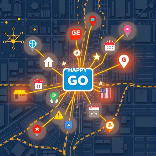 A modern city map filled with icons of popular retail and dining establishments each connected by glowing lines leading to a central HAPPY GO card icon representing seamless integration
