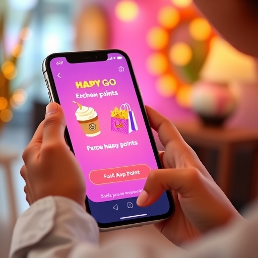 A playful scene of a person using a smartphone displaying the HAPPY GO app interface to exchange glowing points for delightful cartoonish rewards like coffee cups and shopping bags