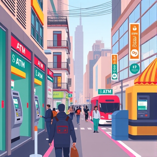 分割圖像，一邊是繁忙市街便利商店內的 ATM，另一邊是多樣數位銀行介面，以活潑平面插圖風格呈現