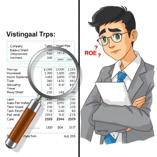 A split image showing one side with a magnifying glass examining a company's balance sheet and income statement with high ROA the other side showing a confused investor looking at ROE figures