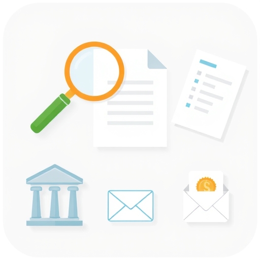 A stylized illustration of various inquiry icons like a magnifying glass and a document alongside icons representing online banking and postal mail suggesting different ways to check credit reports in a clean and organized manner