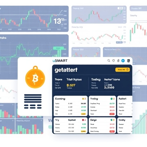 A visual representation of diverse stock market charts and graphs with a stylized digital currency symbol and the uSMART platform interface overlayed illustrating comprehensive trading options and fee structures in a clean modern art style