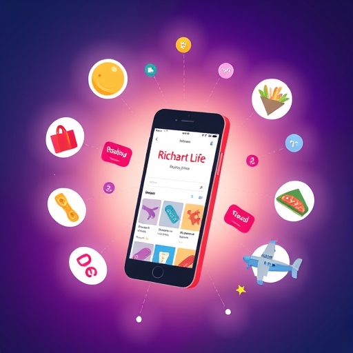 手機顯示 Richart Life App 介面的生動插圖，周圍環繞購物、美食與旅遊圖示，螢幕散發閃耀點數，展現多樣兌換機會