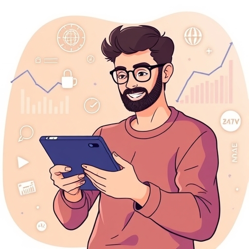 用戶與 FinTech App 互動溫馨插圖，周圍環繞金融數據流，強調易用與決策洞察