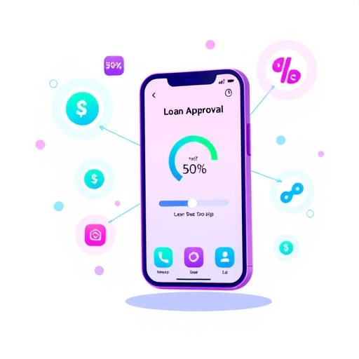 數位銀行 App 介面輕快的插圖，顯示貸款進度條與成功百分比符號，周圍浮動財務圖標