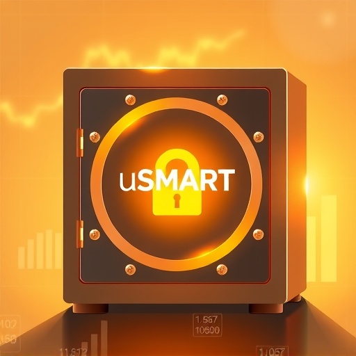 An illustration of a digital secure vault with the uSMART logo prominently displayed symbolizing financial security and trust bathed in a gentle golden light against a backdrop of abstract financial charts