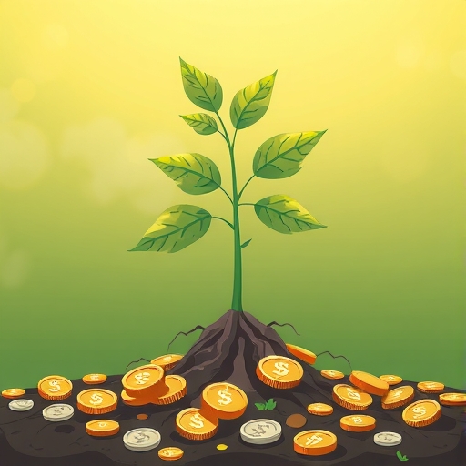 An illustration of a growing plant with its roots firmly planted in coins and currency symbolizing steady asset growth and a high ROA