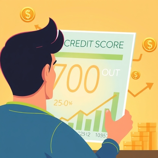 An illustration of a person looking at a glowing credit score report showing a rising number above 700 with financial symbols like coins and arrows in a warm and encouraging color palette