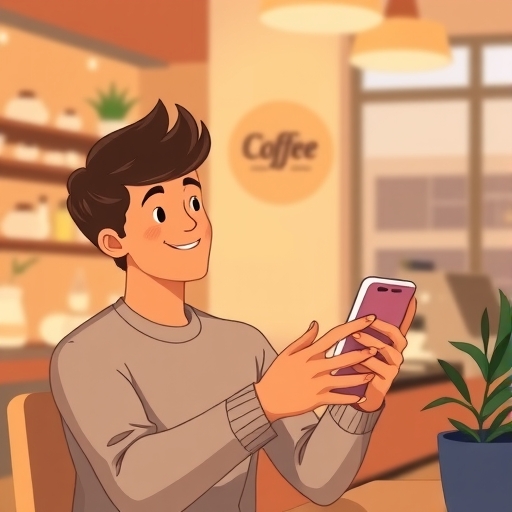 一位使用者快樂使用手機App註冊Cama cafe會員的溫暖插圖