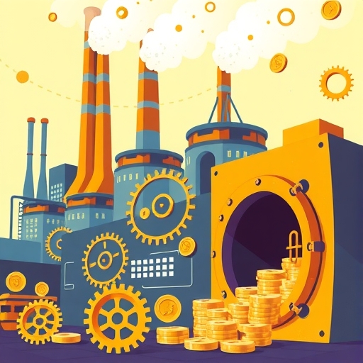 Illustration of a stylized factory with bright gears turning smoothly and coins flowing into a vault representing profit from assets
