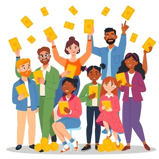 不同背景人們快樂投資黃金存摺的奇幻插圖，強調低門檻概念與明亮色調