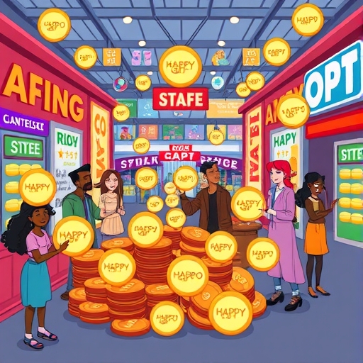 Whimsical illustration of diverse people happily collecting glowing coins labeled HAPPY GO symbols in a vibrant marketplace representing various stores and services