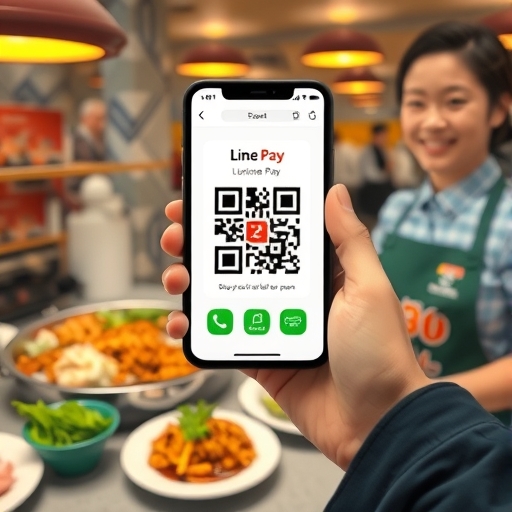 近距離插圖顯示手持智慧型手機，螢幕上LINE Pay App介面準備掃描海底撈櫃檯員工提供的QR Code，背景柔焦熱鍋菜餚