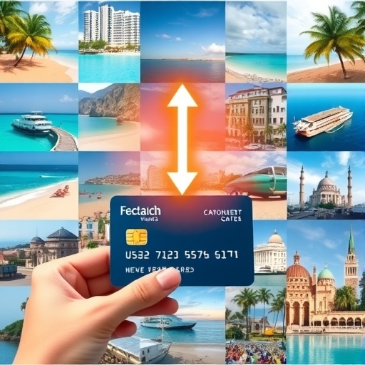 a collage of travel destinations like beaches and cities with a hand holding a credit card and a glowing line points symbol above it symbolizing the accumulation of rewards from hotel bookings