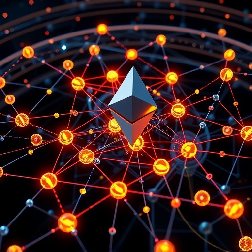 a cutaway view of a complex Ethereum network with glowing nodes and transaction streams depicting the EIP-1559 mechanism