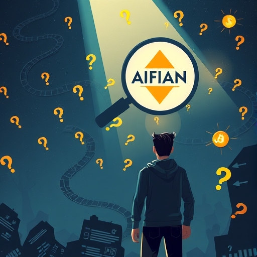 使用者謹慎穿越充滿問號的數位景觀，放大鏡照亮 AIFIAN 標誌，遠方隱約金幣光芒，營造謹慎卻充滿希望氛圍